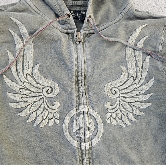 SUPER RARE Y2K GRUNGE LUCKY BRAND EMBROIDERED HOODIE MED PEACE & LOVE SAGE - Picture 2 of 9